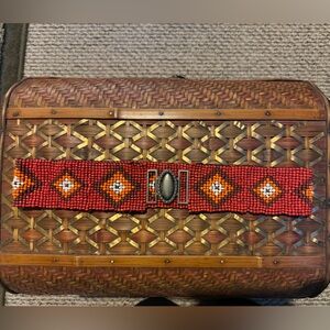 Vintage Beaded Boho Belt Terracotta & Burnt Orange Geometric Diamond Pattern S/M